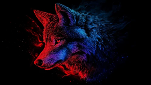 Neon wolf portrait glows with dual red and blue lighting