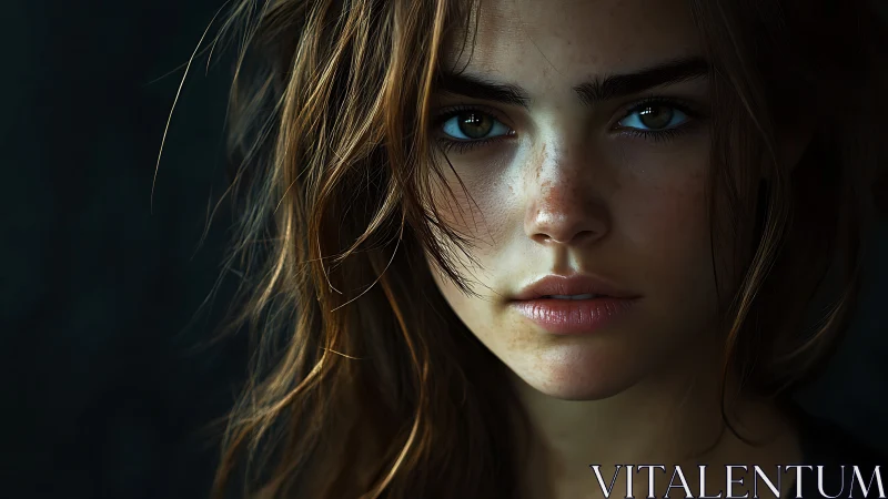 Cinematic female portrait with freckled skin and loose hair.