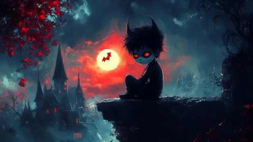 Horned child silhouette on ledge before red moonlit sky.