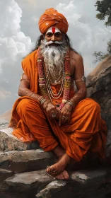 Serene holy man in saffron robes rests on rocky steps outdoors.