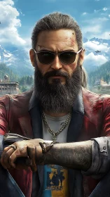 Bearded rebel rests in a mountain town after a hard fight