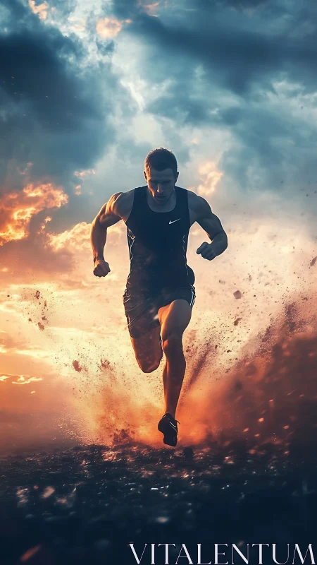 Explosive sunset sprint with dynamic dust and motion trail.