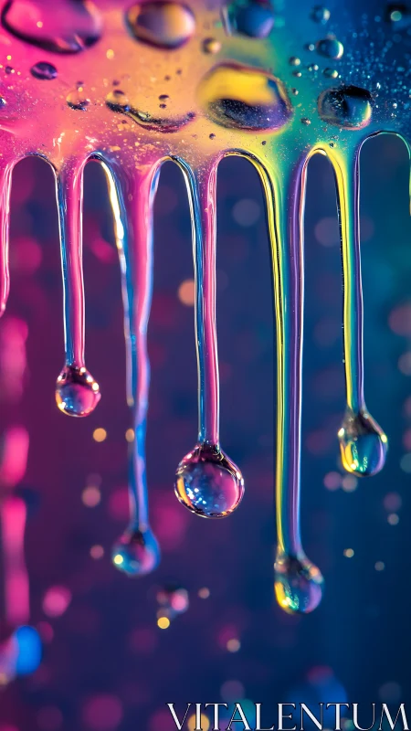 Neon liquid drips with glowing bokeh on dark gradient background.