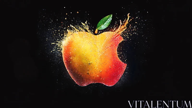 Liquid splash silhouette of bitten apple on dark field.