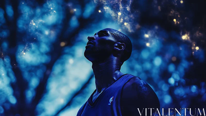 Sweat-soaked dreamer lifts his gaze into electric starlight