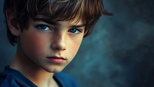 Young boy with striking blue eyes in atmospheric portrait.