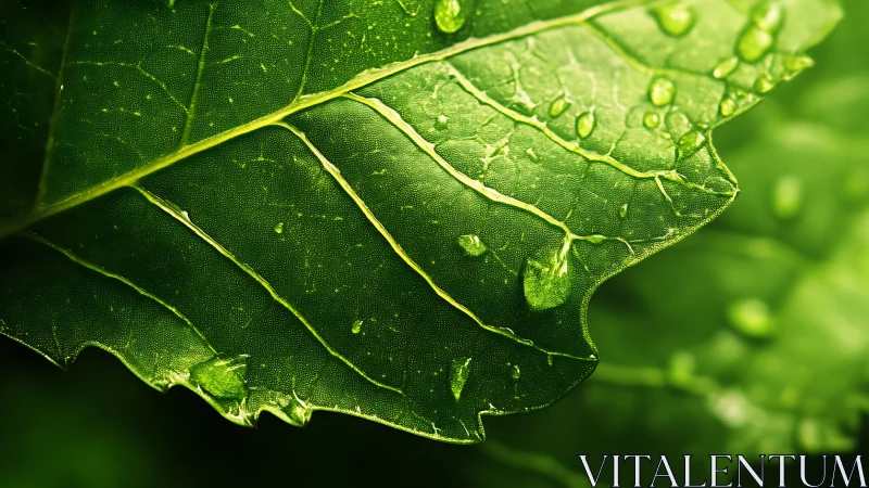 Dew covered green leaf macro reveals vivid vein structure
