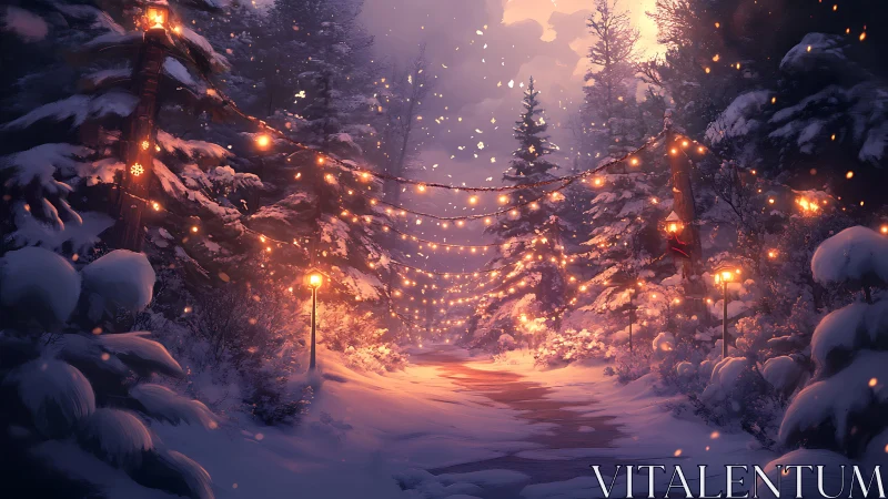 Winter forest path with festive string lights, digital painting.