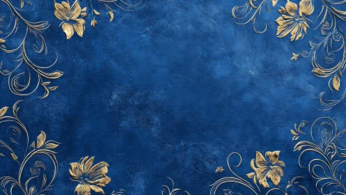 Gold floral scrollwork borders frame textured blue background