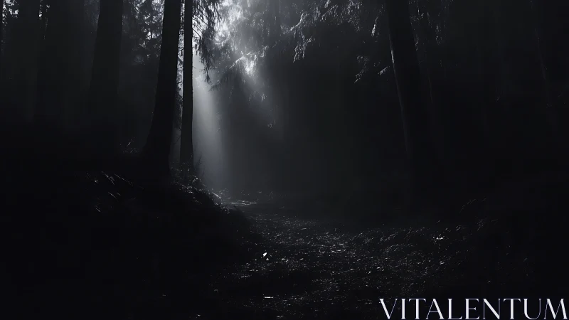 Misty Forest Path with Sunlight Through Dense Tree Canopy
