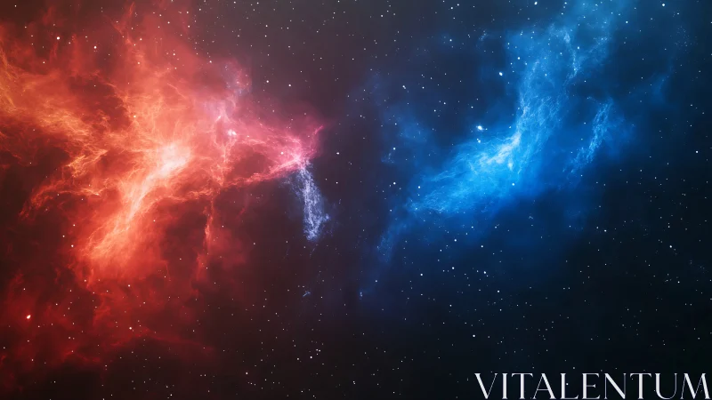 Glowing red and blue nebulae drifting across a quiet sky.