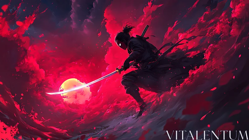 Lone crimson samurai carves moonlit paths through stormfire.