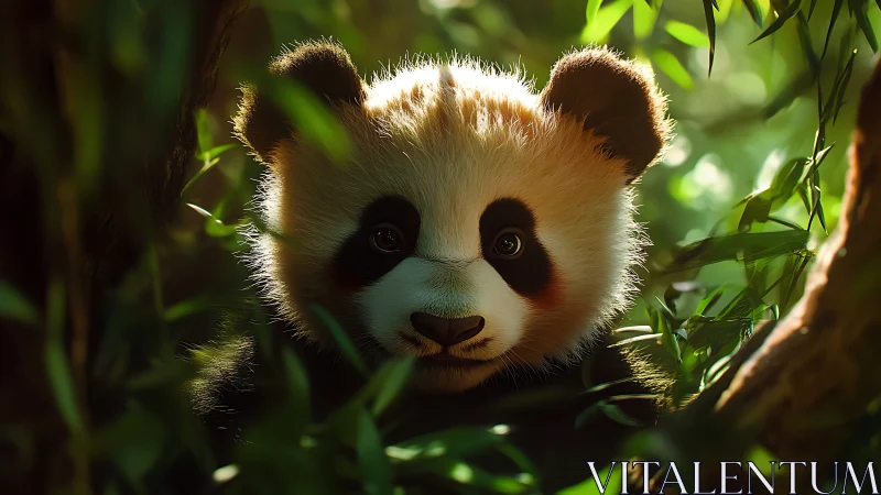 Curious baby panda peeks gently through soft bamboo leaves