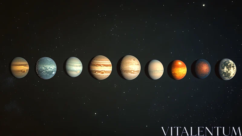 Row of stylized planets aligned horizontally against deep space