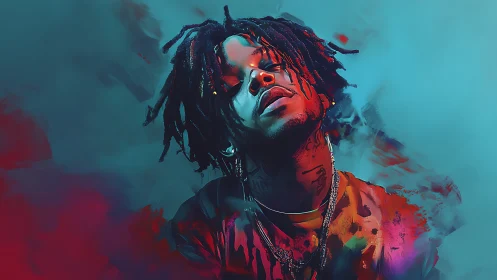 Digital portrait depicts subject with tilted head and dreads