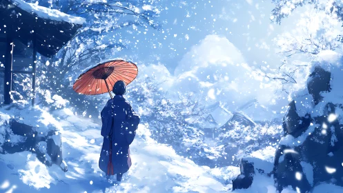 Solitary figure with umbrella in deep winter landscape.