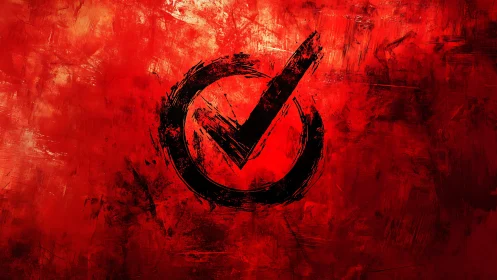 Grunge vector checkmark emblem on textured red field.