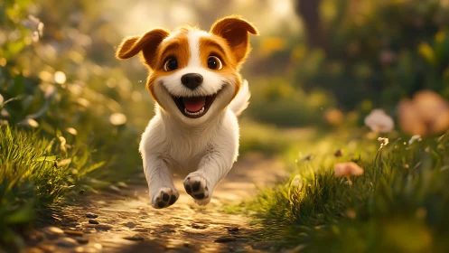 Joyful puppy races down a sunlit garden path with glee