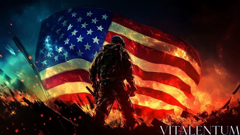 Backlit combat silhouette against turbulent American flag field.