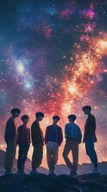 Stargazing youth silhouettes beneath radiant cosmic sky.