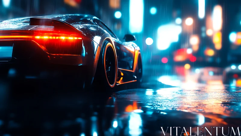 Neon drenched supercar rear in cinematic night rain scene.