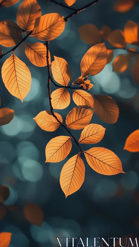 Golden autumn leaves glow against cool teal bokeh background