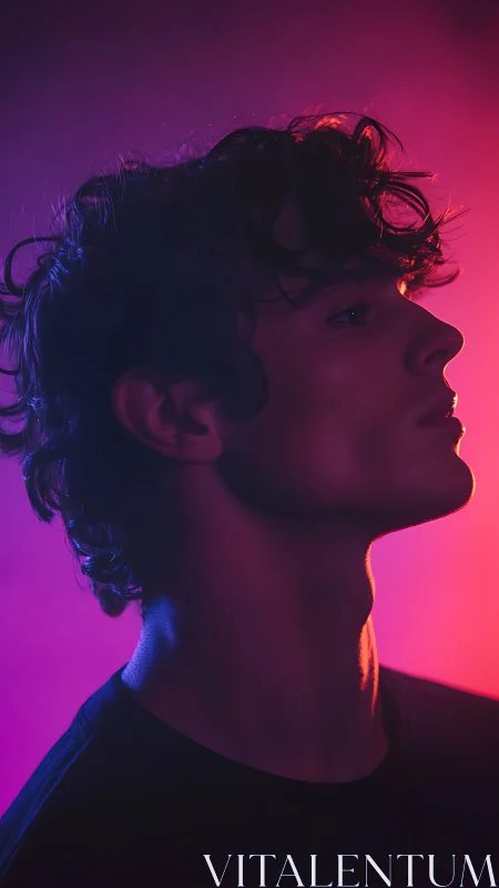 Neon side-lit male profile isolates sculpted jawline elegantly
