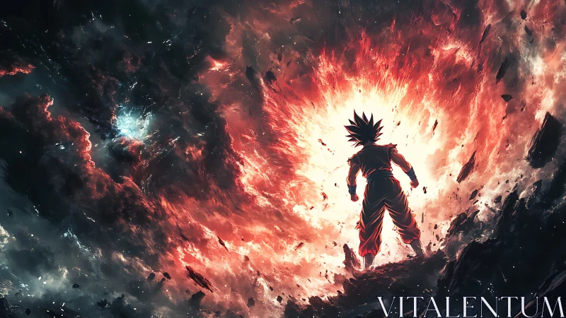 Starlit warrior strides into a roaring cosmic firestorm