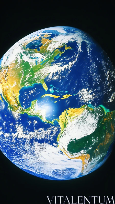 Earth from orbit with illuminated Americas and cloud systems.