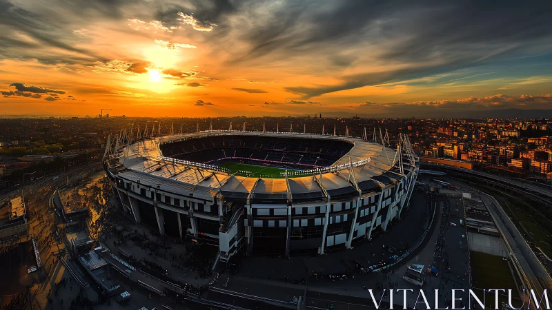 Elliptical urban stadium under stratified sunset skyscape.