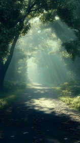 Forest Path with Morning Light Filtering Through Trees.