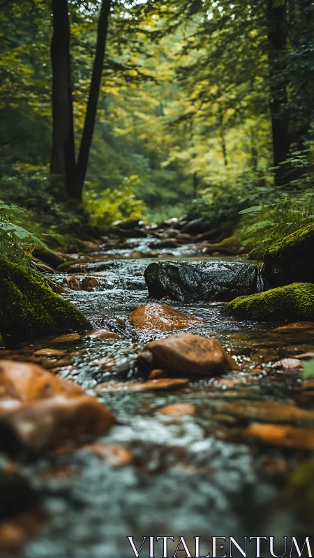 Forest creek with mossy stones and soft bokeh light.