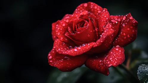 Red rose with water droplets and dark background