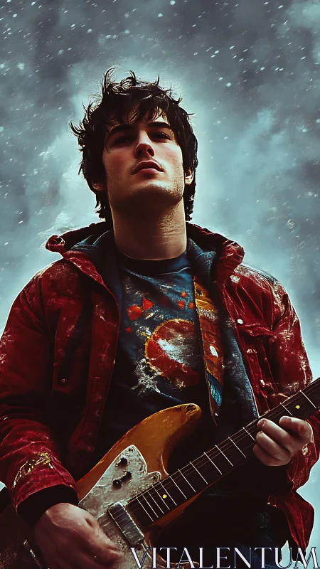 Young guitarist in red jacket under stormy winter sky.