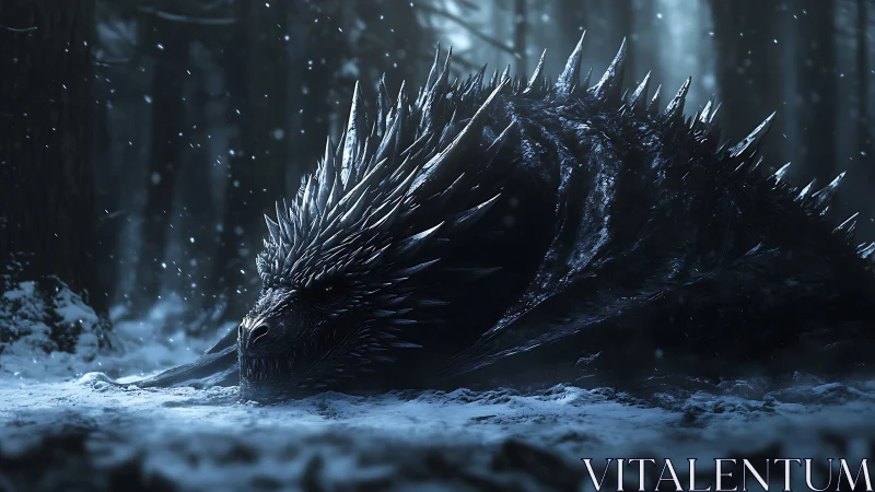 Spiked dragon curled in snowy, misted forest dusk scene.