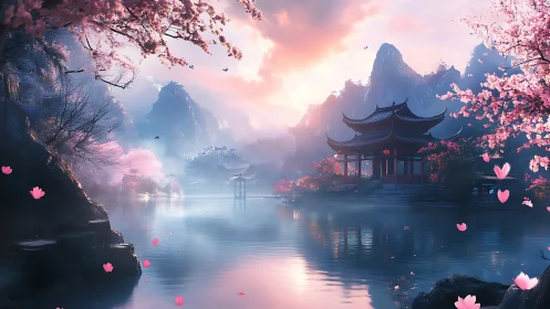 Gentle sunrise over a cherry blossom lakeside temple.
