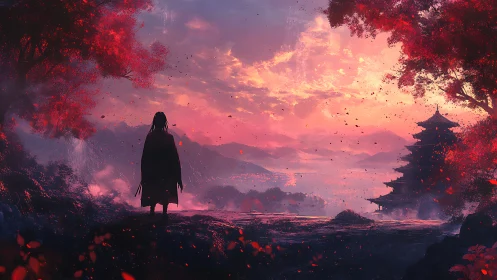 Solitary figure before distant pagoda at red dusk landscape.
