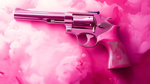 Pink revolver on monochrome cloud-like background.