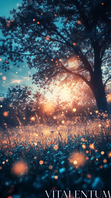 Backlit meadow bokeh field under arboriform silhouette at dusk.