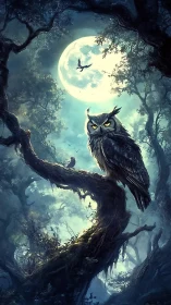 Moonlit owl sentinel over misty enchanted forest canopy.