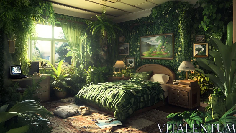 Biophilic bedroom interior with lush indoor jungle styling.