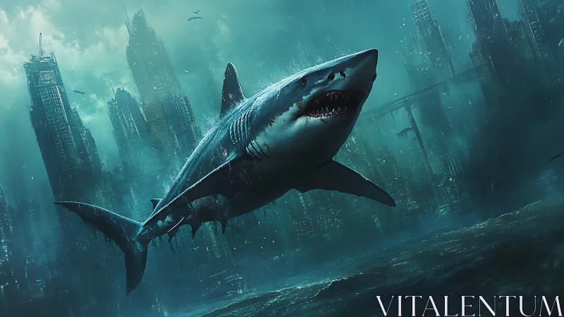 Mighty shark glides through a sunken futuristic cityscape