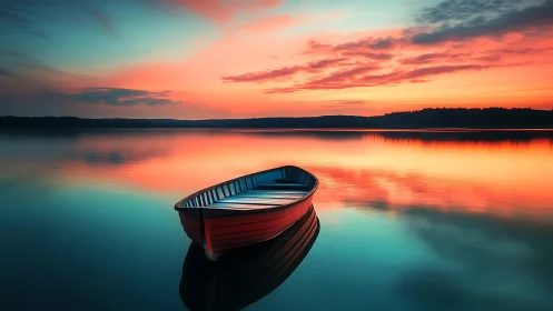 Crimson rowboat dreaming under cotton candy sunset skies.