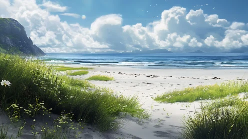 Sunlit coastal dunes open toward a calm blue ocean horizon