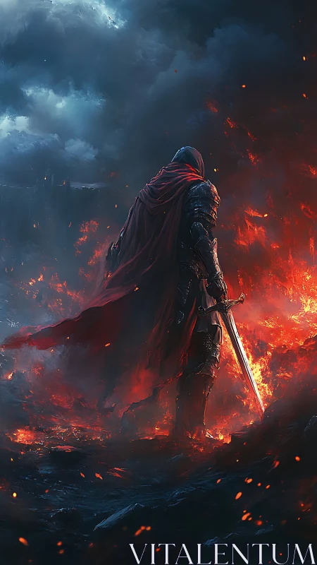 Digital painting of lone crimson-caped knight in infernal field.