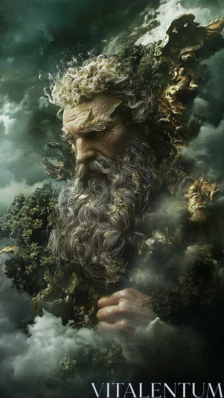 Ancient forest titan emerges from swirling storm clouds.