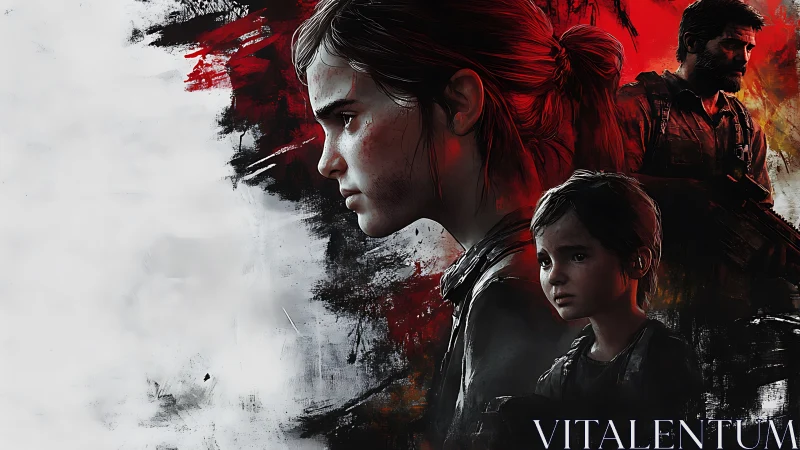 Scarlet echoes of survivors in a fractured painted wasteland.