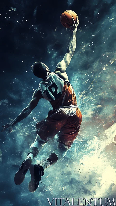 Basketball player extends upward toward hoop in stylized scene