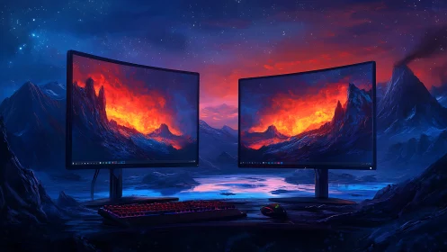 Twin gaming monitors glow against a vivid volcanic fantasy world