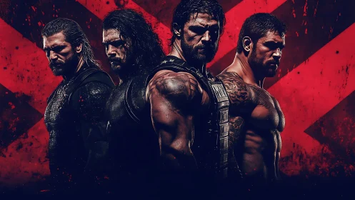 Four fierce warriors stand united against a red storm